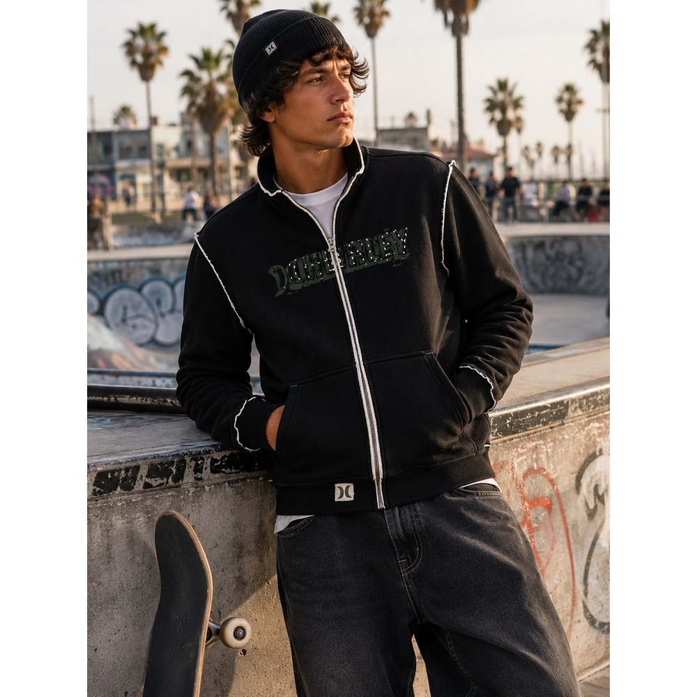 Hurley Sherpa Lined Full‎ Zip Fleece Jacket Mens Large Black Mock Neck Warm